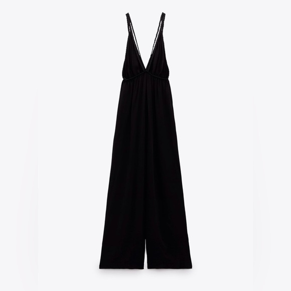 NWT ZARA Braided Strap Black  Jumpsuit Backless Wide Leg Trouser Size Large - Picture 4 of 6